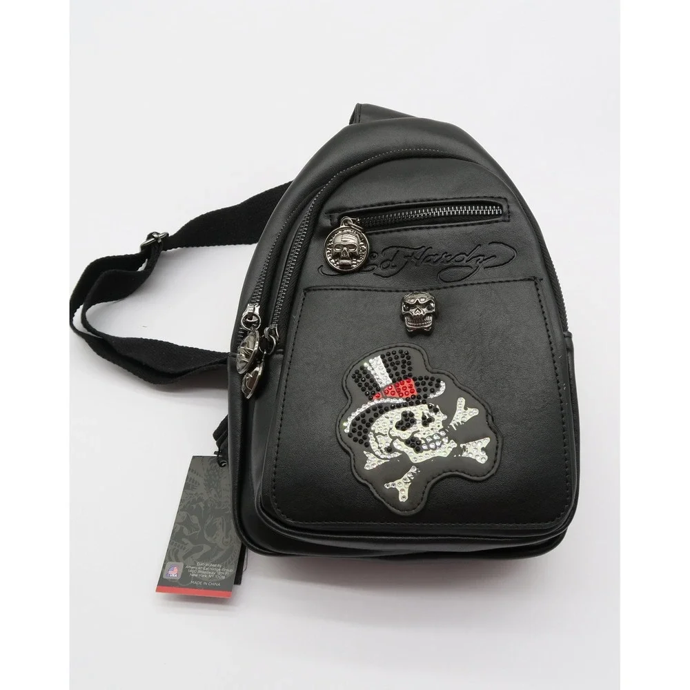 Ed Hardy Mens Black Faux Leather Rhinestone Skull Sling Bag Crossbody Backpack